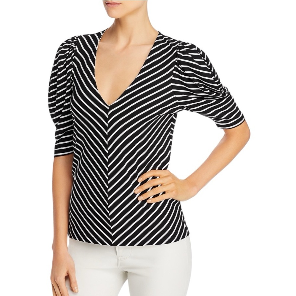 Frame Chevron Stripe Puff-Sleeve Shirred Top